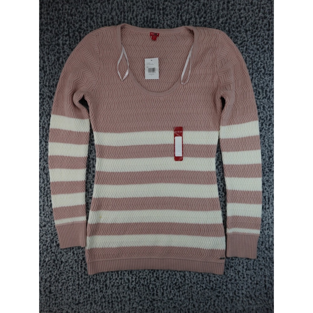 Guess Glenn Stripe Sweater Womens‎ L Pallid Purple Pink White Chevron Knit NWT